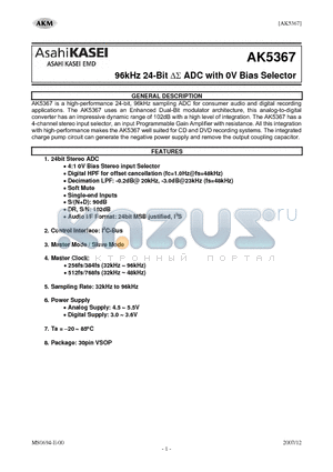 AK5367 datasheet - 96kHz 24-Bit DS ADC with 0V Bias Selector