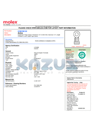 0190700133 datasheet - InsulKrimp Ring Tongue Terminal for 10-12 AWG Wire, Stud Size 1/4