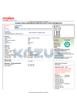 0190710177 datasheet - InsulKrimp Ring Tongue Terminal for 8 AWG Wire, Stud Size 06, Mylar Tape Carrier