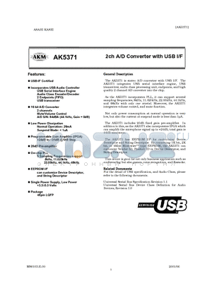 AK5371 datasheet - 2CH A/D CONVERTER WITH USB I/F
