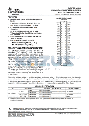 74CBTLV16800GRE4 datasheet - LOW-VOLTAGE 20-BIT FET BUS SWITCH WITH PRECHARGED OUTPUTS