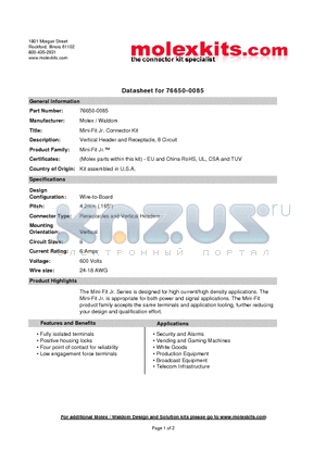 39-01-2080 datasheet - Vertical Header and Receptacle, 8 Circuit