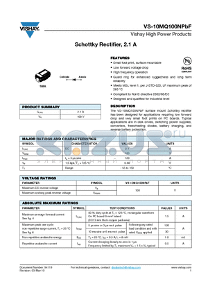 10MQ100NPBF datasheet - Schottky Rectifier, 2.1 A