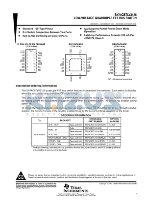 74CBTLV3125DBQRE4 datasheet - Low-VOLTAGE QUADRUPLE FET BUS SWITCH