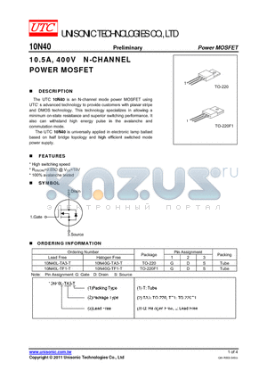 10N40G-TA3-T datasheet - 10.5A, 400V N-CHANNEL POWER MOSFET