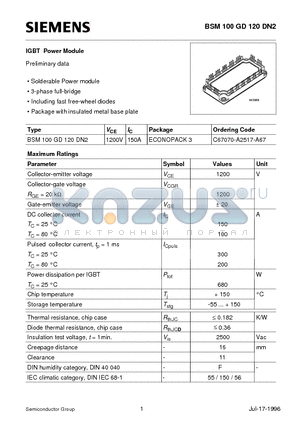 C67070-A2517-A67 datasheet - IGBT Power Module (Solderable Power module 3-phase full-bridge Including fast free-wheel diodes)