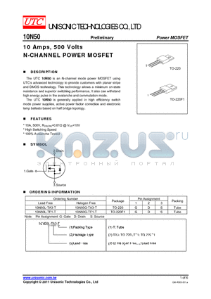 10N50G-TF1-T datasheet - 10 Amps, 500 Volts N-CHANNEL POWER MOSFET