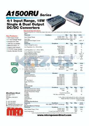 A1501RU datasheet - 15W Single & Dual Output DC/DC Converters