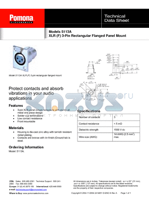 5113A datasheet - XLR (F) 3-Pin Rectangular Flanged Panel Mount