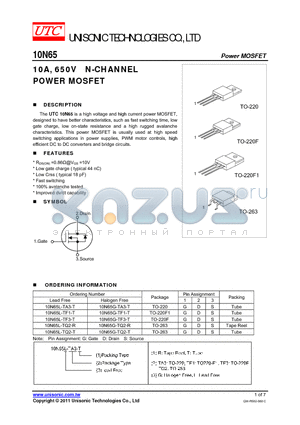 10N65G-TF3-T datasheet - 10A, 650V N-CHANNEL POWER MOSFET