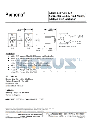 5117 datasheet - Connector Audio, Wall Mount, Male, 3 & 5 Conductor