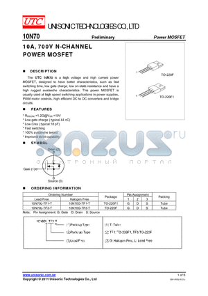 10N70L-TF3-T datasheet - 10A, 700V N-CHANNEL POWER MOSFET