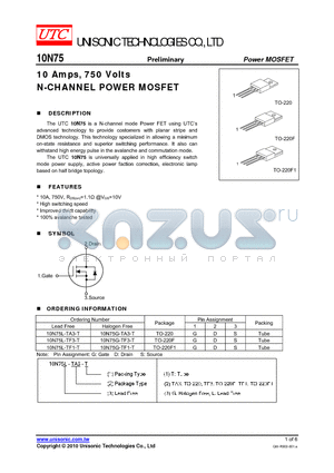 10N75G-TA3-T datasheet - 10 Amps, 750 Volts N-CHANNEL POWER MOSFET