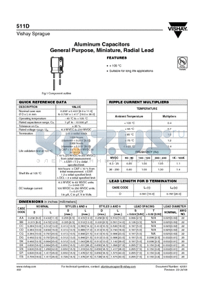 511D107M040CC4D datasheet - Aluminum Capacitors General Purpose, Miniature, Radial Lead
