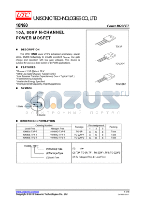 10N80L-TF2-T datasheet - 10A, 800V N-CHANNEL POWER MOSFET