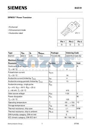 C67078-S1345-A2 datasheet - SIPMOS Power Transistor (N channel Enhancement mode Avalanche-rated)