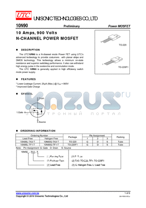 10N90G-TA3-T datasheet - 10 Amps, 900 Volts N-CHANNEL POWER MOSFET