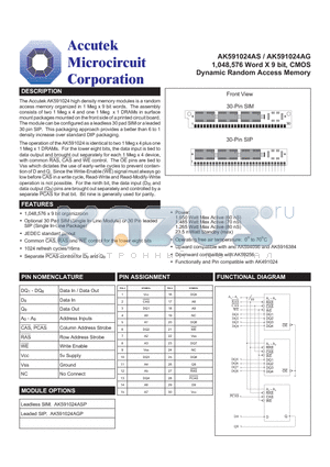 AK591024ASP datasheet - 1,048,576 Word X 9 bit, CMOS Dynamic Random Access Memory