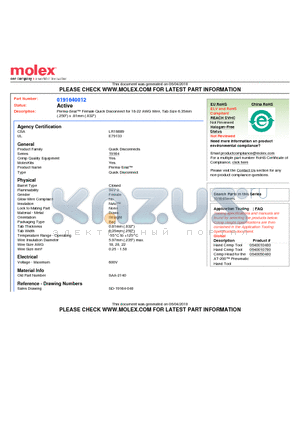 0191640012 datasheet - Perma-Seal Female Quick Disconnect for 18-22 AWG Wire, Tab Size 6.35mm(.250