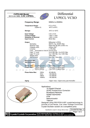 CVPD-940 datasheet - Differential LVPECL VCXO 9X14 mm SMD, 3.3V, LVPECL