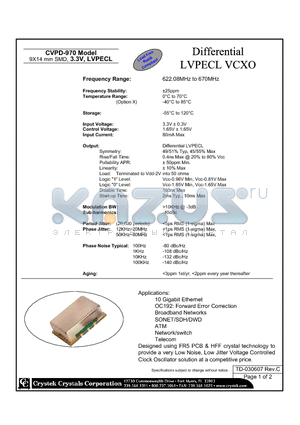 CVPD-970-622.080 datasheet - Differential LVPECL VCXO 9X14 mm SMD, 3.3V, LVPECL