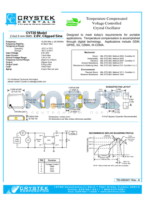 CVT20 datasheet - Temperature Compensated Voltage Controlled Crystal Oscillator 2.0x2.5 mm SMD, 2.8V, Clipped Sine