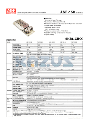 ASP-150-12 datasheet - 150W Single Output with PFC Function