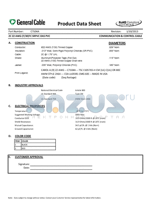 C7104A datasheet - 2C 22 AWG (7/30)TC SRPVC OAS PVC COMMUNICATION & CONTROL CABLE