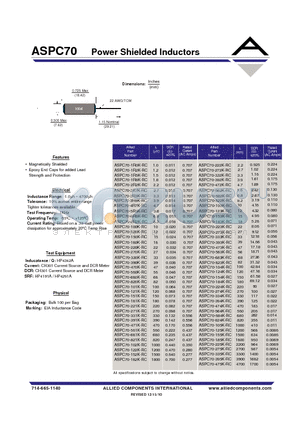 ASPC70-180K-RC datasheet - Power Shielded Inductors
