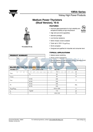 10RIA10 datasheet - Medium Power Thyristors (Stud Version), 10 A