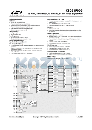 C8051F005 datasheet - 25 MIPS, 32 kB Flash, 12-Bit ADC, 64-Pin Mixed-Signal MCU