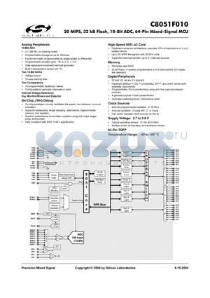 C8051F010 datasheet - 20 MIPS, 32 kB Flash, 10-Bit ADC, 64-Pin Mixed-Signal MCU