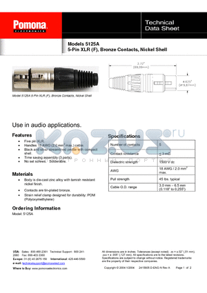 5125A datasheet - 5-Pin XLR (F), Bronze Contacts, Nickel Shell