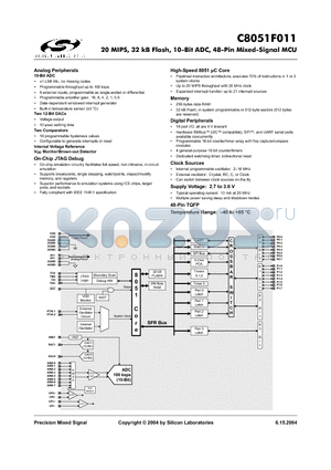 C8051F011 datasheet - 20 MIPS, 32 kB Flash, 10-Bit ADC, 48-Pin Mixed-Signal MCU