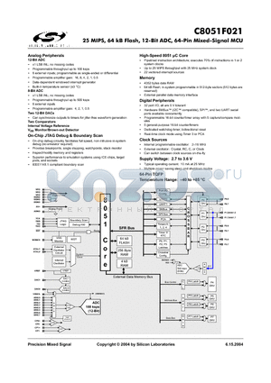 C8051F021 datasheet - 25 MIPS, 64 kB Flash, 12-Bit ADC, 64-Pin Mixed-Signal MCU