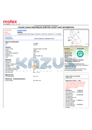 0192210404 datasheet - Compression Style Ring Tongue Terminal for 4 AWG Wire, Stud Size 1/4