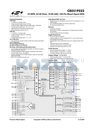 C8051F022 datasheet - 25 MIPS, 64 kB Flash, 10-Bit ADC, 100-Pin Mixed-Signal MCU