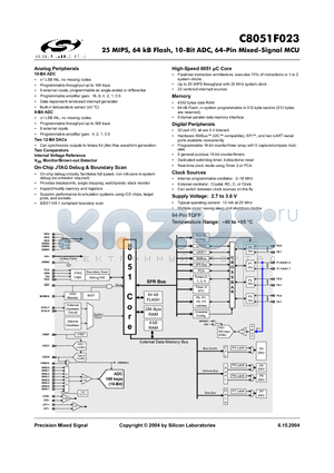 C8051F023 datasheet - 25 MIPS, 64 kB Flash, 10-Bit ADC, 64-Pin Mixed-Signal MCU