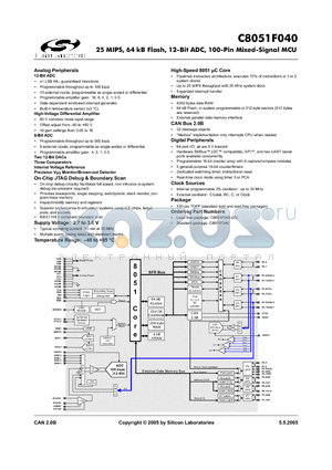 C8051F040-GQ datasheet - 25 MIPS, 64 kB Flash, 12-Bit ADC, 100-Pin Mixed-Signal MCU