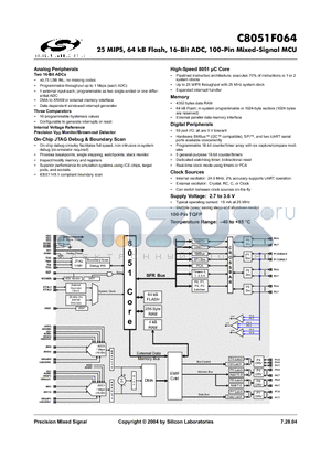 C8051F064 datasheet - 25 MIPS, 64 kB Flash, 16-Bit ADC, 100-Pin Mixed-Signal MCU
