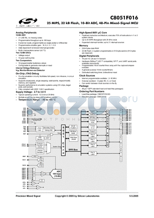 C8051F016 datasheet - 25 MIPS, 32 kB Flash, 10-Bit ADC, 48-Pin Mixed-Signal MCU