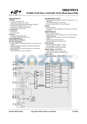 C8051F012 datasheet - 20 MIPS, 32 kB Flash, 10-Bit ADC, 32-Pin Mixed-Signal MCU