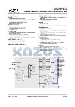 C8051F330 datasheet - 25 MIPS, 8 kB Flash, 10-Bit ADC, 20-Pin Mixed-Signal MCU