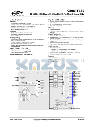 C8051F332-GM datasheet - 25 MIPS, 4 kB Flash, 10-Bit ADC, 20-Pin Mixed-Signal MCU