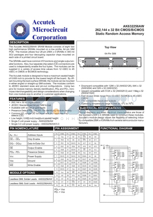 AK632256AW-15 datasheet - 262,144 x 32 Bit CMOS/BiCMOS Static Random Access Memory