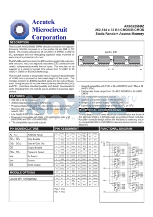 AK632256BZ datasheet - 262,144 x 32 Bit CMOS/BiCMOS Static Random Access Memory