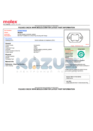 0194270025 datasheet - MX150L Gasket for 2 Circuit Plug Housing with Flange