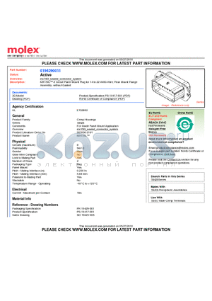 0194290011 datasheet - MX150L 8 Circuit Panel Mount Plug for 14 to 22 AWG Wire, Rear Mount FlangeAssembly, without Gasket