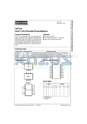 74F139PC datasheet - Dual 1-of-4 Decoder/Demultiplexer