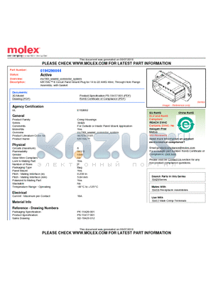 0194290044 datasheet - MX150L 6 Circuit Panel Mount Plug for 14 to 22 AWG Wire, Through Hole FlangeAssembly, with Gasket